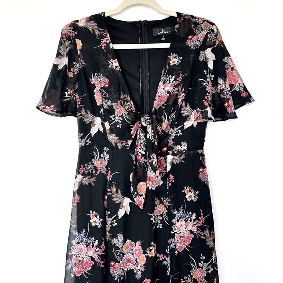 EUC Lulus Wings of Love‎ Black Pink Floral Print Tie Front Maxi Dress Size Small - Picture 12 of 16